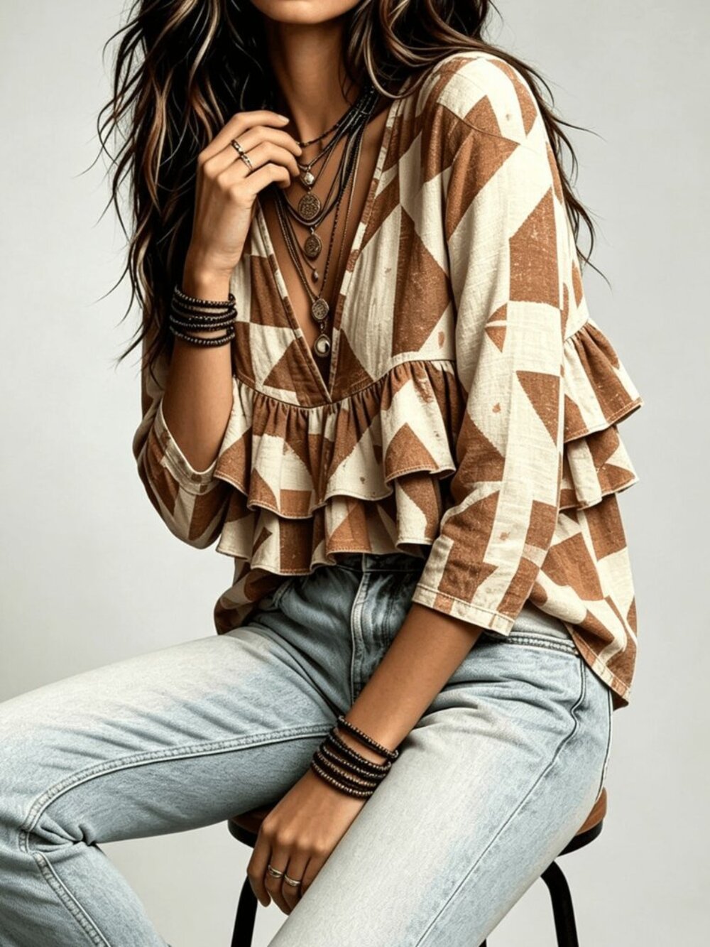 Multicolor Casual Sexy Women's Deep V Neck Ruffle Tiered Top - Picture 4 of 7